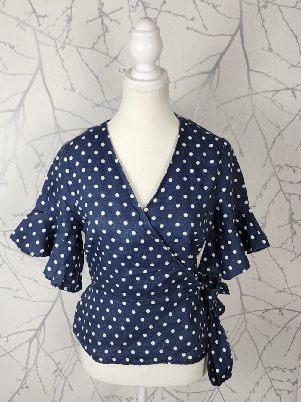 Portmans Navy Polkadot 100% Linen Flutter Sleeve Wrap Blouse